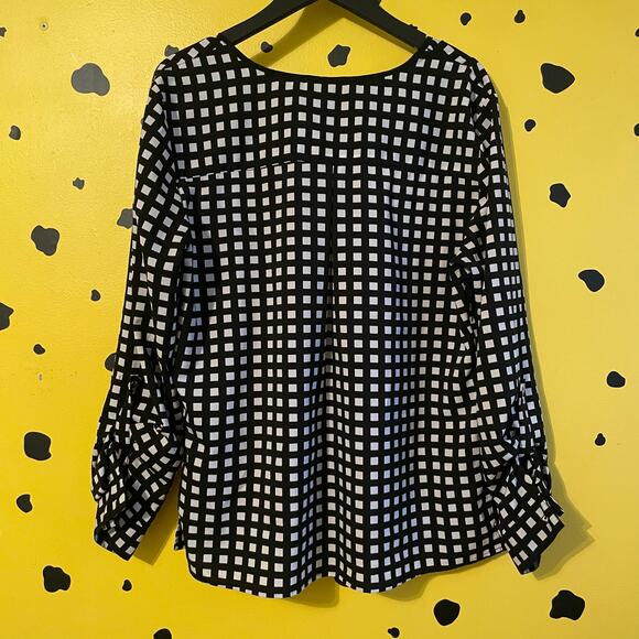 Black & White Grid Print Blouse | Roll Tab Sleeve | Minimalist Chic - Picture 2 of 6